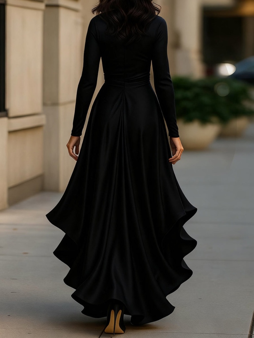 NWT Mooyius Ruffle Draped Satin Black High Low Formal Maxi Dress - Picture 2 of 6